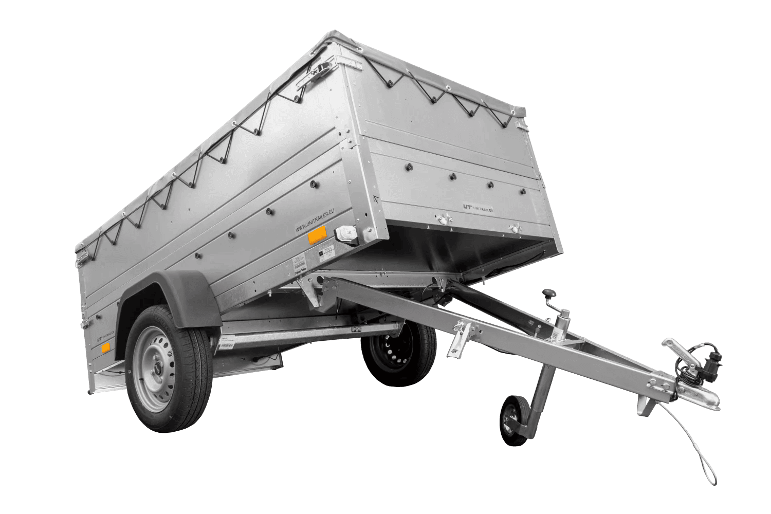 img_69cac27622acc.png Faltbarer Anhänger Garden Trailer 230 KIPP mit zusätzlichen Bordwänden, Stützrad und Flachplane-Neu - Image 1