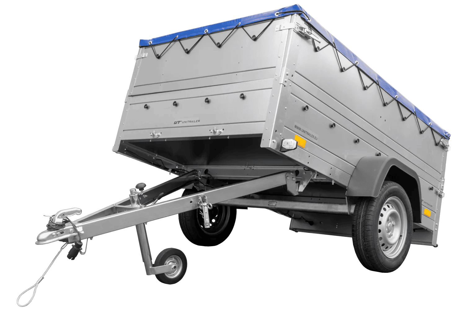 img_69cac525980c9.png Kfz Anhänger 750 kg Garden Trailer 201 KIPP mit zusätzlichen Bordwänden, Stützrad und blauer Flachplane-Neu - Image 1