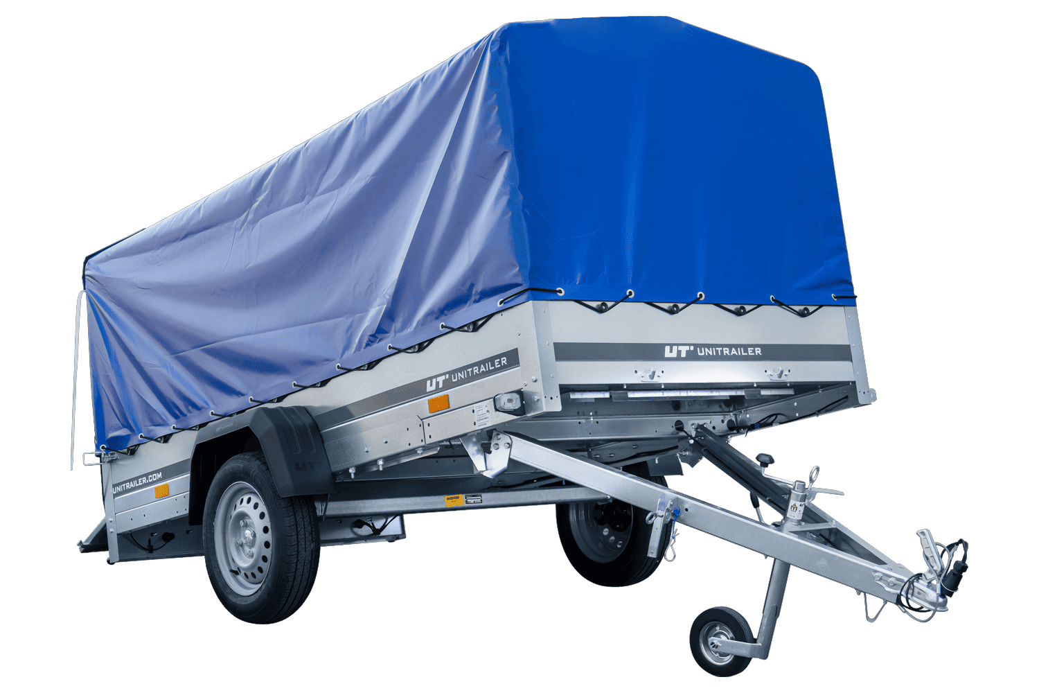 img_69cac6ea5ad59.png Langer PKW-Anhänger Garden Trailer 264 KIPP mit Hochplane, Spriegel und Stützrad-Neu - Image 1